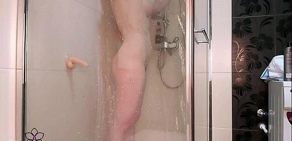  Horny Schoolgirl Play Pussy Dildo in Shower - Intensive Orgasm